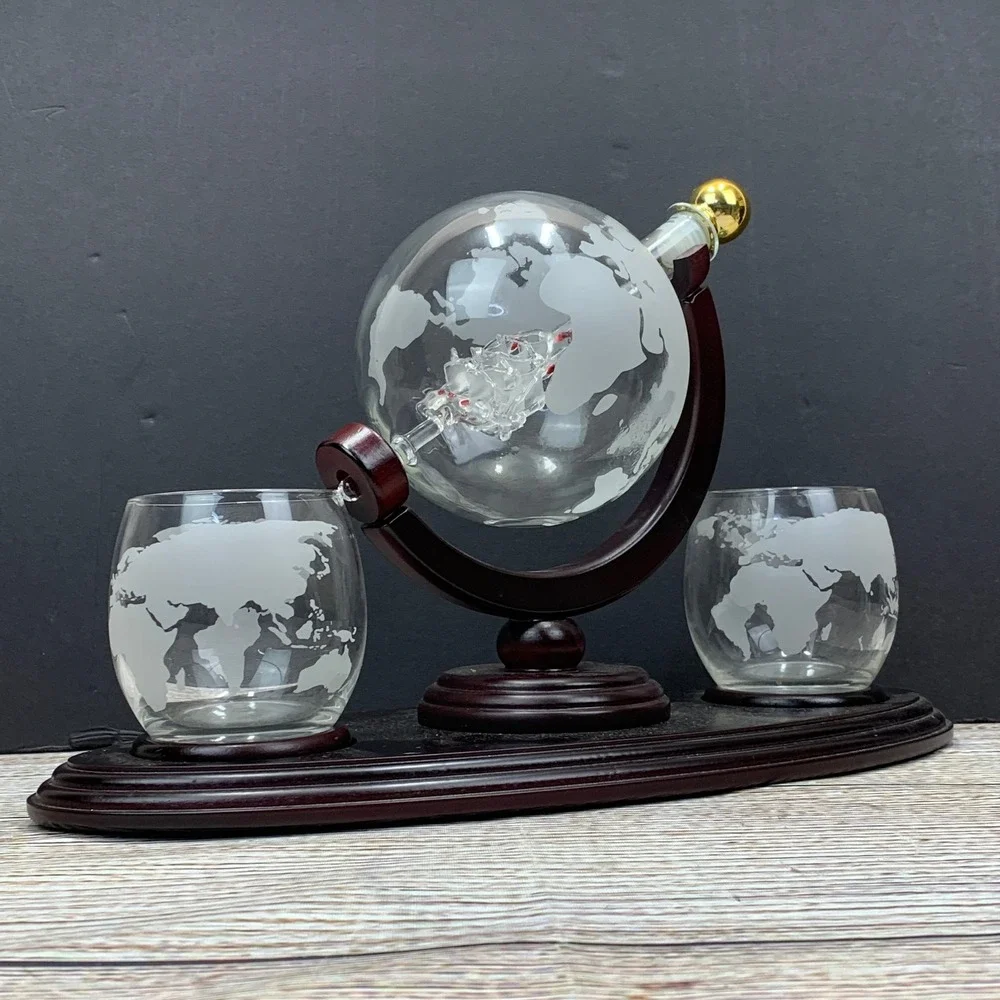 Globe Decanter Set Ship Inside 2 Etched World Map Glasses Wooden Base